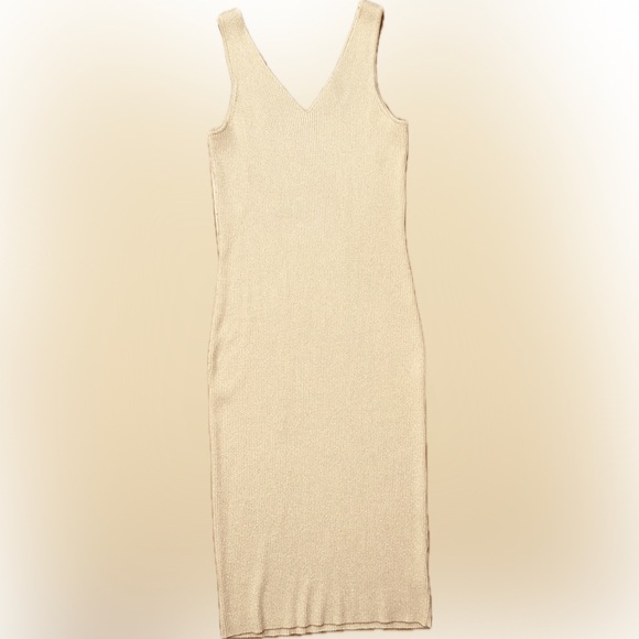 EUC Rachel Zoe SZ XL beige/gold knit sleeveless dress w/dual V-neck/bust 34-54 - Picture 8 of 10